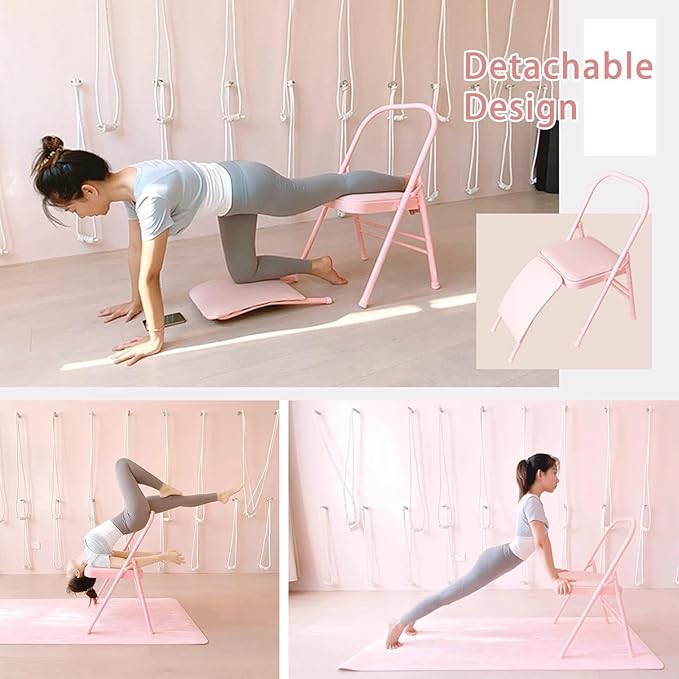 Foldable Yoga Auxiliary Chair for Adults Yoga Chair with Lumbar Support Metal Steel Frame 330 lbs Capacity YogaAuxiliaryChair for Balance Handstand Training Back Pain Relieving(Black)