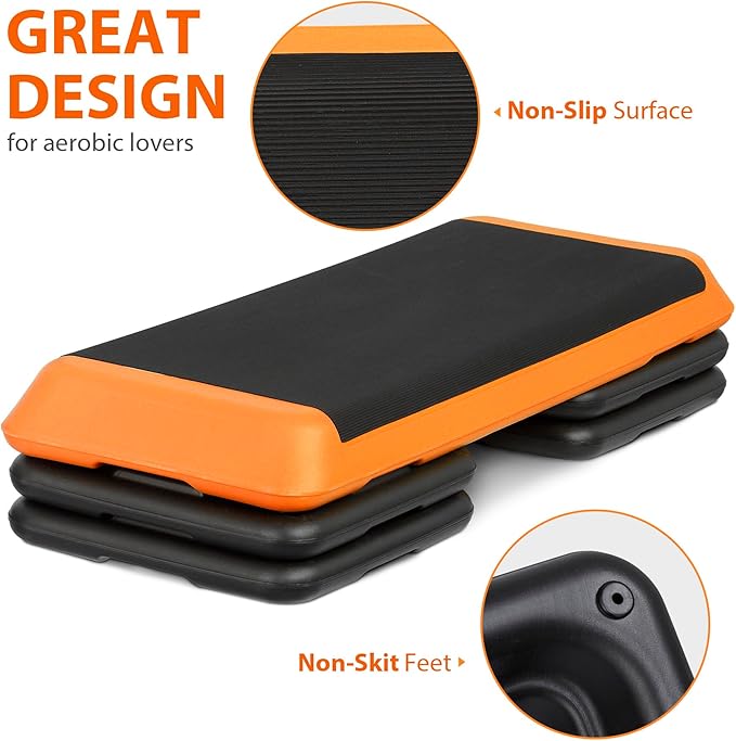 43" Exercise Aerobic Step Platform, Adjustable Fitness Stepper, with 4 Removable Risers for Home Gym Cardio Strength and Training
