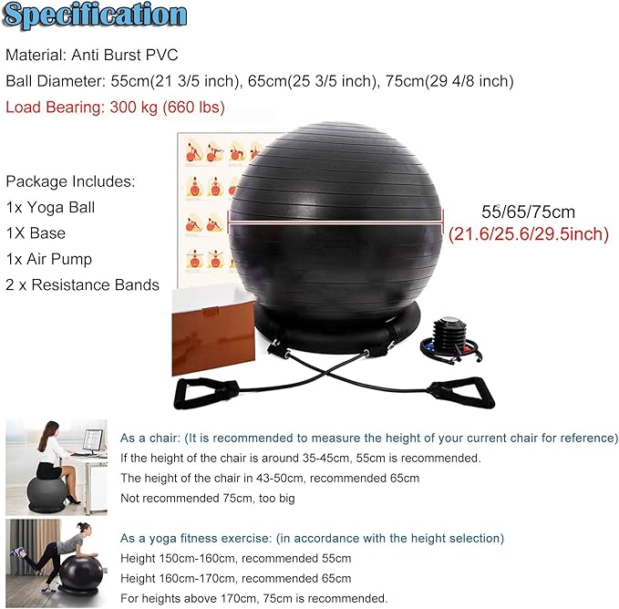 Yoga Ball Chair - Relieve Back Pain, PVC Anti-Burst Exercise Ball Chair for Home Office Desk Workout with Base & Resistance Bands, Backless Bouncy Ball Chair, Inflatable(Diameter 75cm(29 4/8 inch))