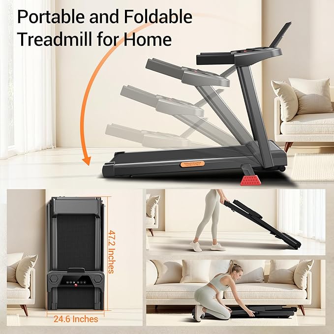 Treadmills for Home with 16% Incline & Handle Bar, 3.0HP Quiet Foldable Treadmill with Led Screen Up to 300lbs Capacity, 7-Layer Shock-Absorbing Walking Pad Treadmill 0.6-7.0MPH