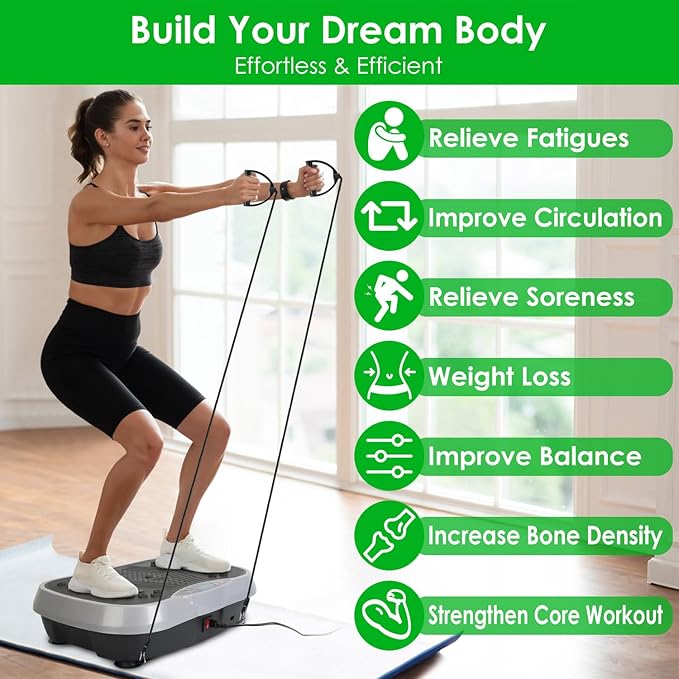 Vibration Plate Exercise Machine, Full-Body Workout Vibration Platform Equipment for Weight Loss, Vibrating Shaking Stand Plate Board with Resistance Bands Fitness Machine for Home Women Men