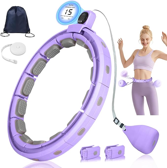 Smart Silent Weighted Fitness Hoop with Counter, Adjustable 30"-50" Infinite Exercise Hoop - A Spinning Hoop for Waist & Adult Weight Loss, Includes Tape Measure & Backpack for Women & Beginners