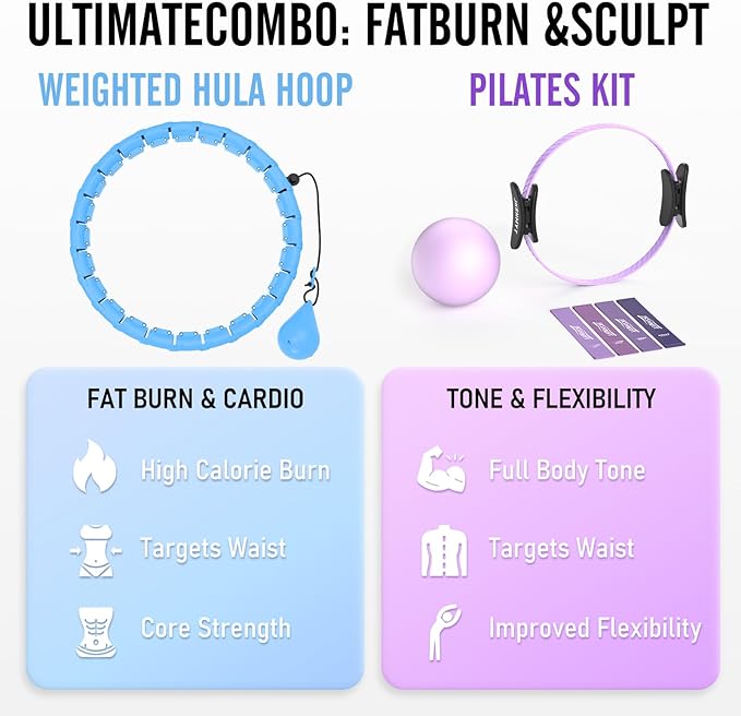 Weighted Hula Infinity Hoop & Pilates Ring Kit Bundle- Infinity Fitness Hoop for Weight Loss Plus Magic Circle, Resistance Bands, and Ball Set- Home Workout Equipment for Abdomen & Full Body Toning