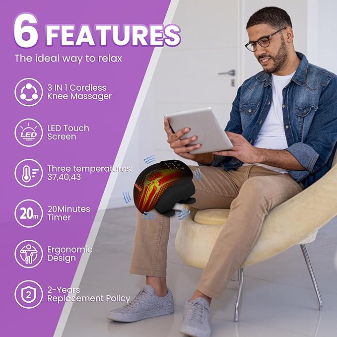 Knee Massager Smart with Heat, Red Light and Massage Therapy, 3 Vibration Modes and 3 Heating Levels, 2026 Updated Edition, LED Vitality Joints Knee Massager, Gifts for Grandma & Grandpa, Black
