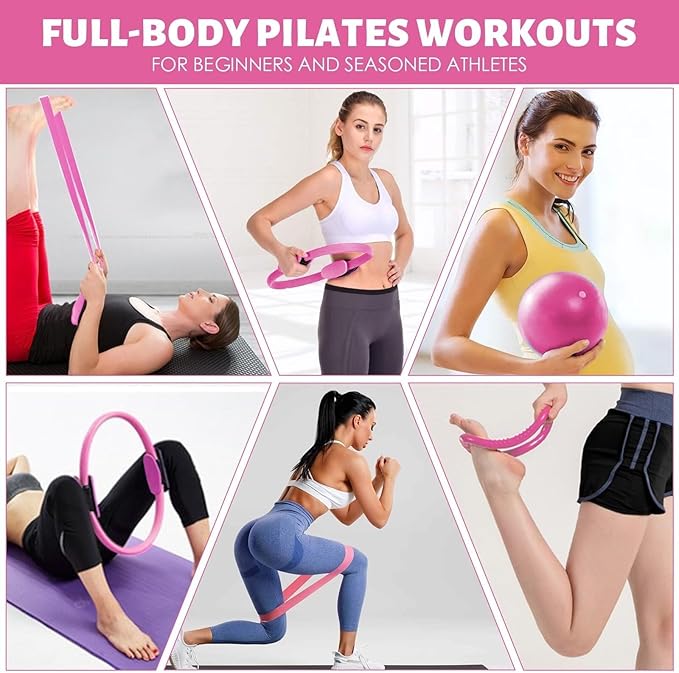 Pilates Essentials Kit for Women Set of 13, Yoga Sets at Home, Includes Pilates Ring, 8-Shaped Tension Band, Yoga Ball - Perfect for Women's Home Workouts & Beginners