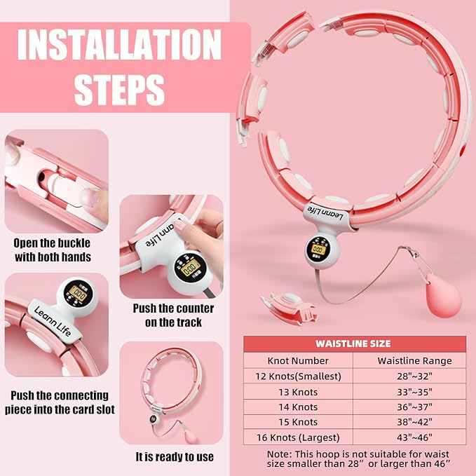 U5 Smart Weighted Hula Hoop with Counter – 16 Knots, 28"–46" Adjustable Infinity Hoop Plus Size, Quiet Rubberized Wheels, Ab Workout, Home & Outdoor Fitness, Weight Loss, Abdominal Toner