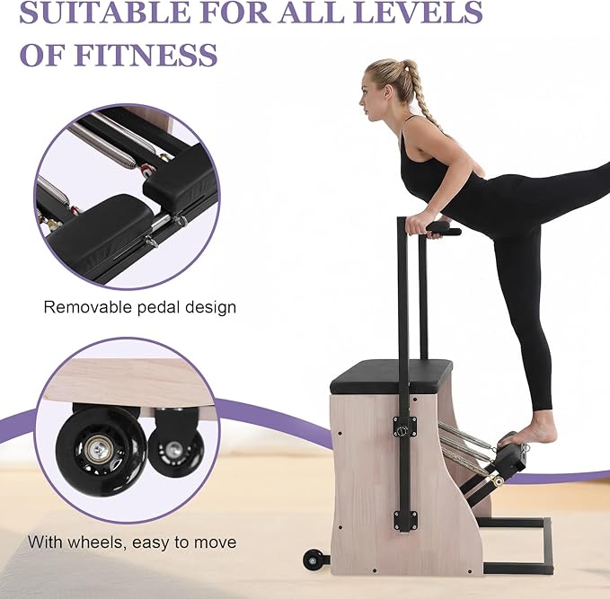 Generic Oak Wood Pilates Chair Reformer Machine Yoga Fitness Trainer with Adjustable Resistance Handles and Split Pedals for Home Use Gym Workout Rehabilitation