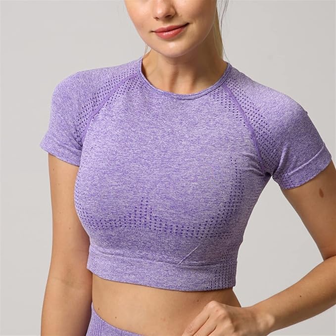 Yoga Set Seamless Women Long Sleeve Blouses Top Gym Sport Bra High Waist Tight Leggings Fitness Suit Shorts Sets (Color : Purple Shirt, Size : Large)