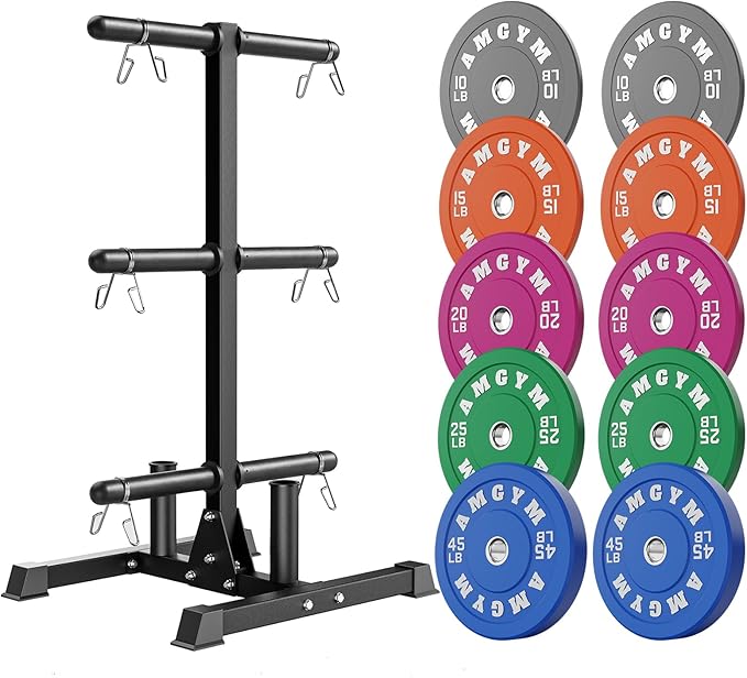 Weight Plate Tree Rack & Weight Set, Strength Training Plate Storage Stand and Barbell Holders for Home Gym, 1100 lb Weight Capacity, Fits Both 1" and 2" Bumper Plates