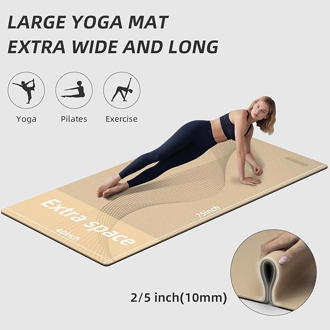 Large Yoga Mat 76"x 40"x10mm (2/5 inch) – Extra Thick & Wide, TPE Fitness Mat, Printed Non-Slip Exercise Mat with Carrying Strap for Men & Women, Pilates, Stretching, Fitness & Workout