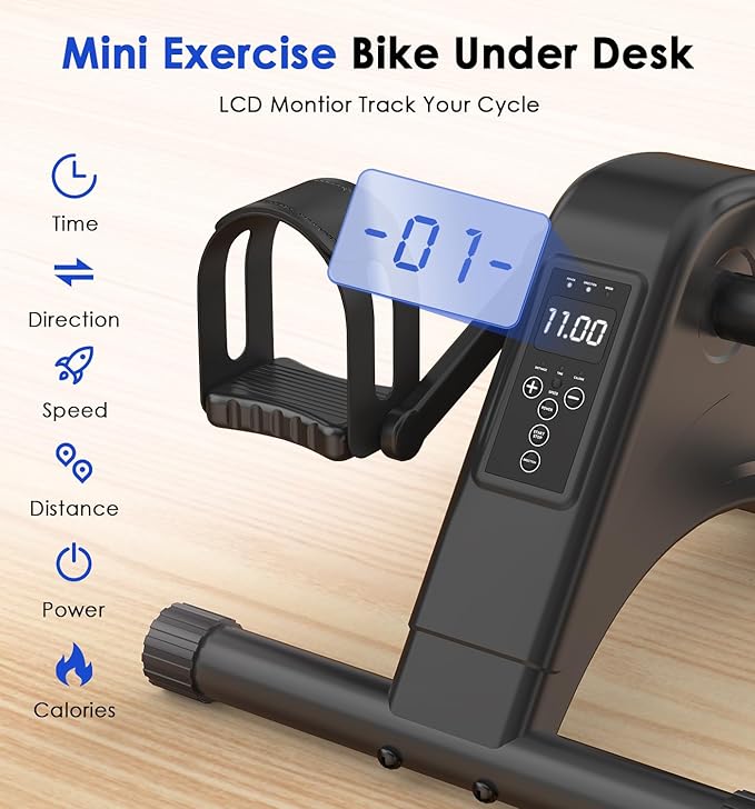 12-Levels Mini Exercise Bike Under Desk with LCD Display, Quiet Electric Bidirectional Bicycle Pedals for Home for Seniors, Stationary Bike Under Desk for Leg & Arm Physical Therapy Exerciser