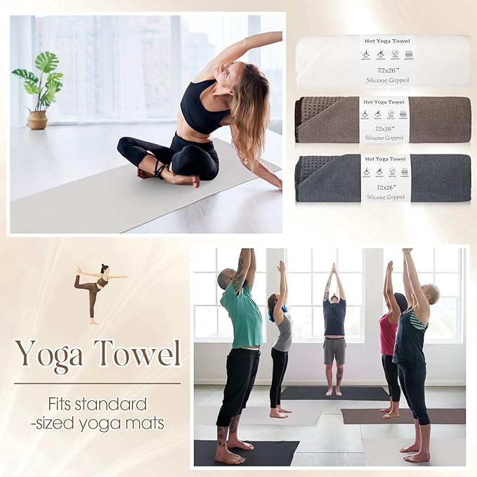 3 Pack Non Slip Hot Yoga Mat Towel with Grip Dot and Secure Fit Elastic Straps 72" x 26" Microfiber Yoga Towel Absorbent Sweat for Pilates Fitness (Beige Dark Gray Coffee)