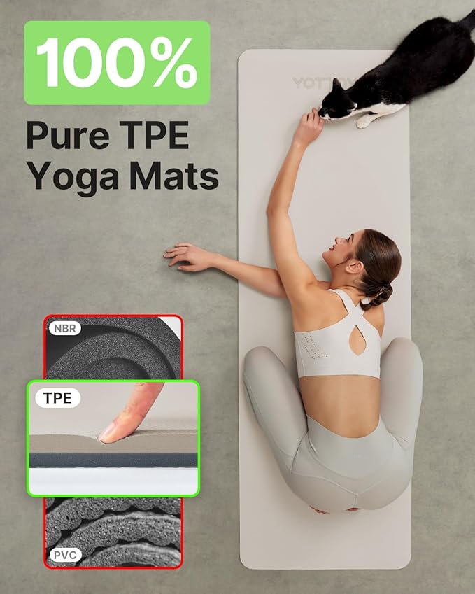 Yoga Mat,Non-Slip TPE Exercise Mat(1/4 Inch) for Pilates, Fitness & Barefoot Workouts, Home Gym Studio with Strap & Bag