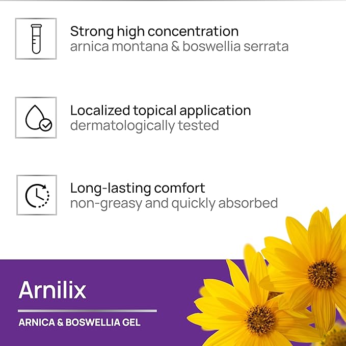 Arnilix - Strong Arnica Gel 98% - High Concentration Formula with Boswellia - Fast Absorbing Muscle and Joint Massage Cream - Natural VEGANOK - Dermatologically Tested (100ml)