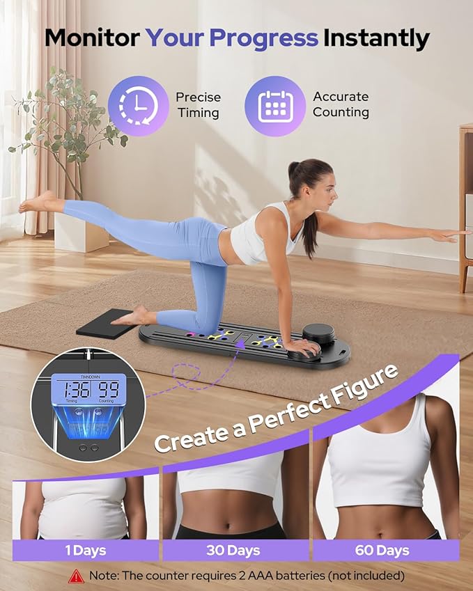 Pilates Board, Foldable Pilates Reformer Set 7 in 1 Multi-Purpose pilates equipment for Women Full Body Workouts at Home, Rayspace Portable Ab Core Trainer, Exercise Board with Timer & Resistance Band