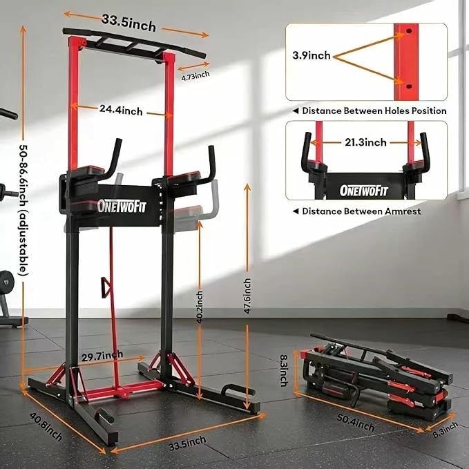 ONETWOFIT Foldable Power Tower Pull Up Bar Station, Multi-Function Adjustable Height Pull Up Dip Station for Gym Workout, Strength Training Fitness Equipment, Pull Up Stand Pro 400LBS/Pro Max 600LBS