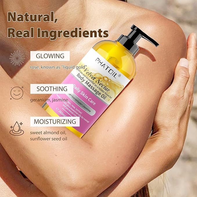 PHATOIL Rose Body Oil, Velvet Nectar Body Massage Oil 260 ml (8.8 fl.oz), Blends of Natural Plant Oils & Essential Oils for Massage and Skin Care, Body Oils for Women and Men