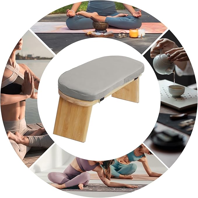 Meditation Bench, Bamboo Meditation Stool, Folding Kneeling Meditation Bench, Seiza Prayer Bench, Prayer Bench with Meditation Cushion(Gray Color)