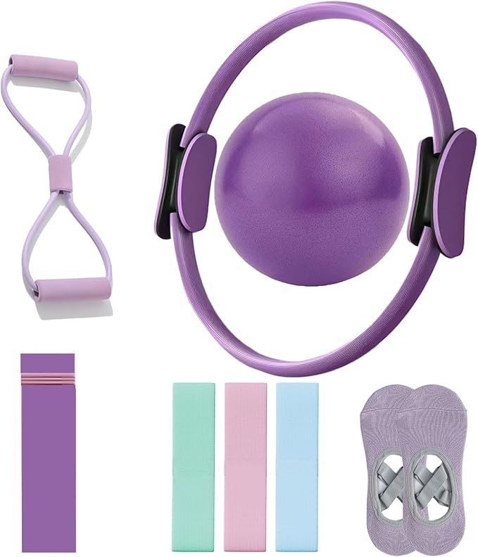 Pilates Ring Set, 14" Magic Circle, Long & Loop Resistance Bands, Soft Pilates Ball, Grip Socks,Puller, Home Workout Equipment for Women & Beginners to Tone, Flexibility & Core Strength (Purple)