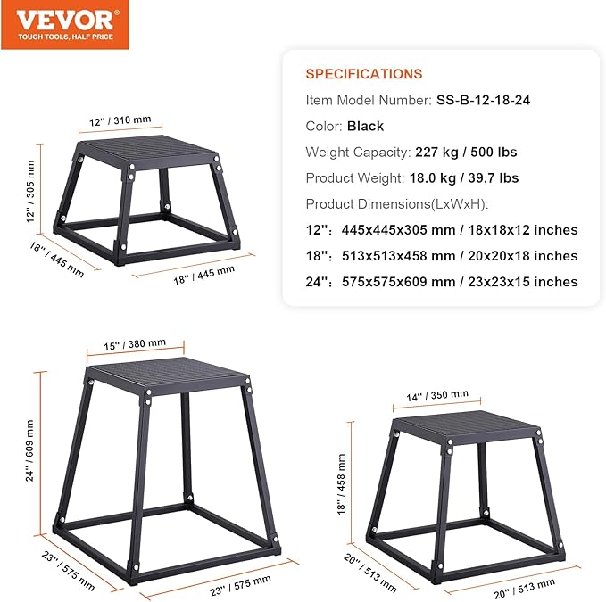 VEVOR Plyometric Platform Box, Plyometric Jump Box, Fitness Steel Plyo Box for Home Gym Jump Training, Crossfit, Conditioning, Strength Training, Black
