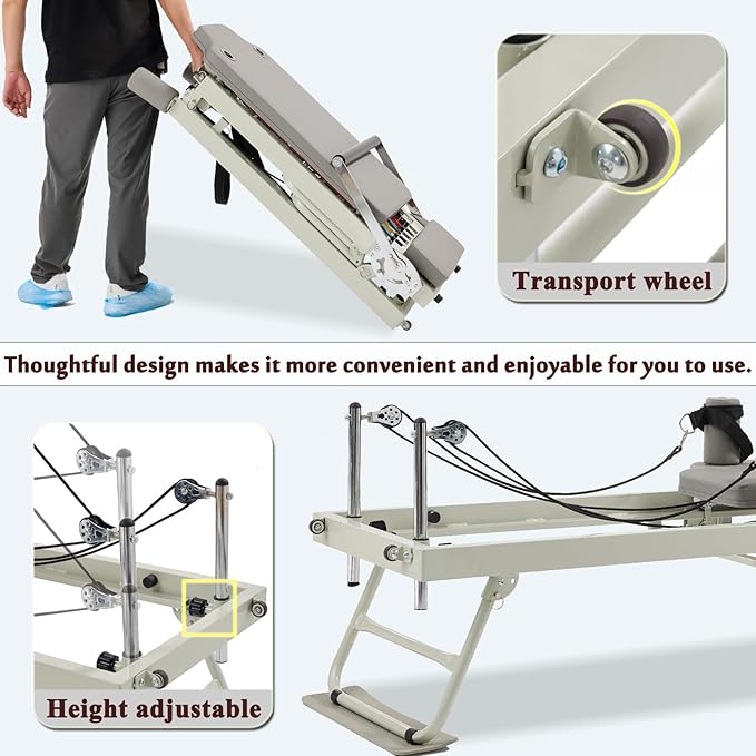 Pilates Reformer Machine，Grey Foldable Pilates Reformer Equipment Home Indoor Workout Machine，for Home Gym Cardio Fitness Personal Indoor Sport Apparatus