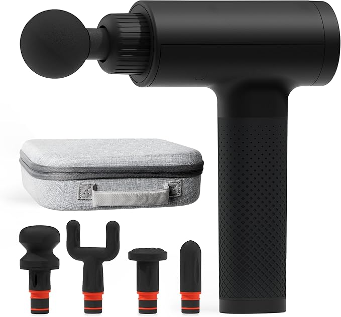 Sharper Image Deep Tissue Percussion Massage Gun, Powerboost Rechargeable Handheld Massager, 6 Adjustable Speeds, 5 Attachment Heads & Carrying Case, Full Body Muscle Pain Relief, Black