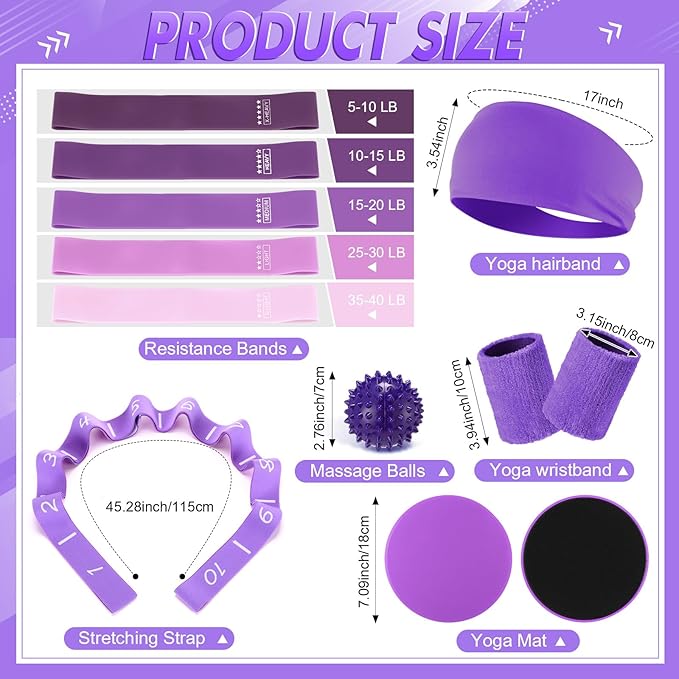 Poen 18 Pcs Home Pilates Ball and Ring Circle Set Yoga Fitness Essentials Kit with 5 Resistance Band Stretching Strap Non Slip Sock Ball Core Slider Wristband Headband Gym Bag for Women