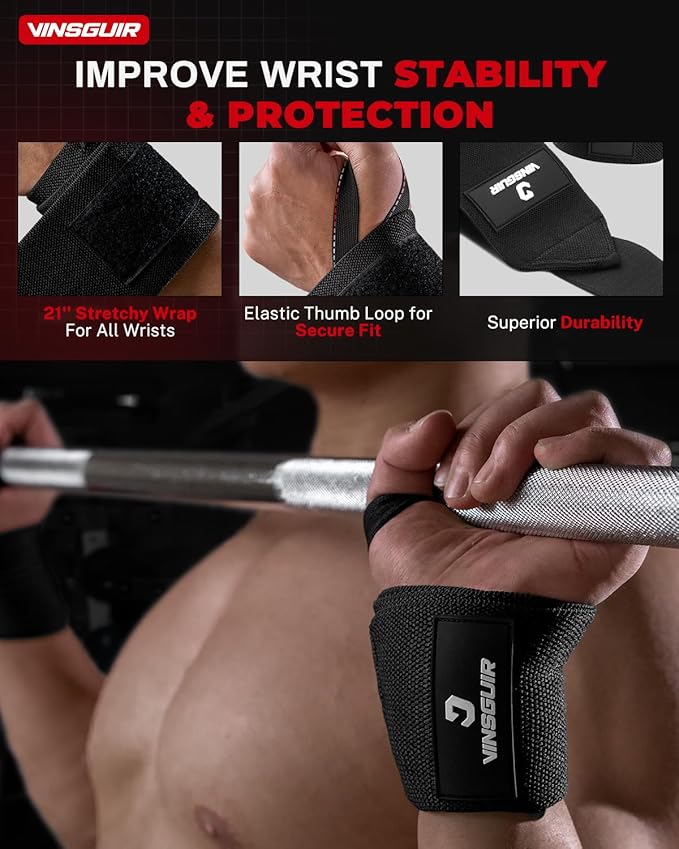 VINSGUIR 21'' Elastic Wrist Wraps for Weightlifting and Working Out(USPA Approved), Breathable Gym Wrist Sraps for Weightlifting with Thumb Loop and Left/Right Tabs, Wrist Brace for Wrist Support and Protection, Men and Women (Pair)