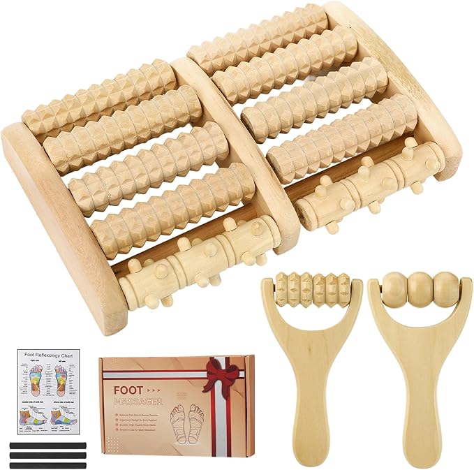 Aulock Double Foot Roller Massager Kit for Plantar Fasciitis Relief - 3 pcs Wooden Anti-Slip Feet Massager for Neuropathy Pain, Useful Gifts for Mom, Dad