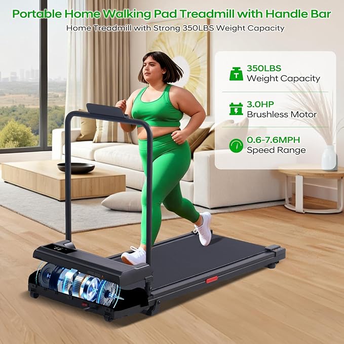 Walking Pad with Handle Bar and Incline, 3.0HP Portable Compact Walking Pads Treadmills with Handles for Home Small, 0.6-7.6MPH Electric Treadmills for Apartment/Home Small Spaces, 350LBS
