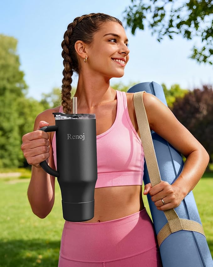 Vibration Plate Exercise Platform with Loop Bands + Renoj SnapShift 40oz Insulated Stainless Steel Tumbler (Black) – Full Body Workout & Recovery Set