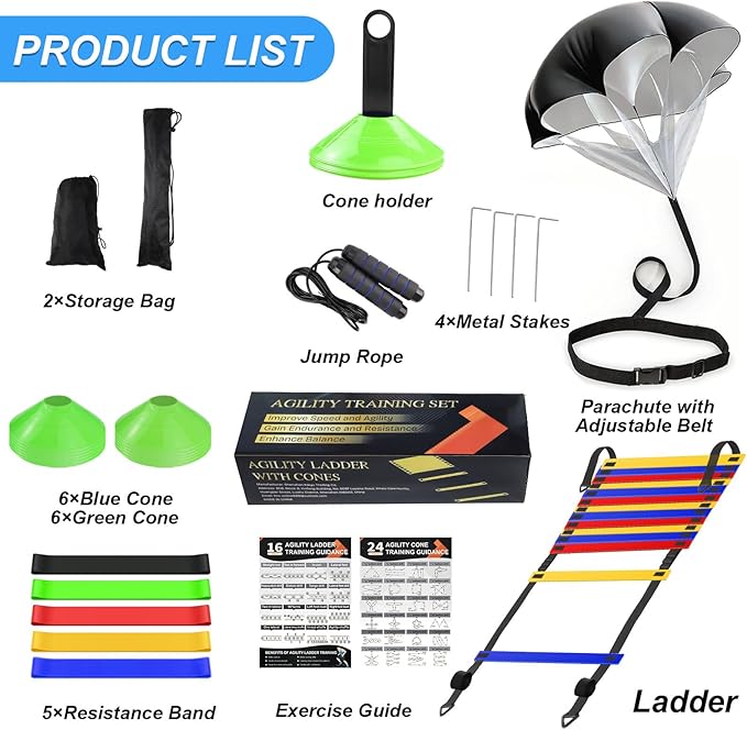 Speed Agility Training Equipment Set, Agility Ladder 20ft, 12 Football Cones, Resistance Parachute/Soccer Kick Trainer, Jump Rope, 5 Resistance Bands, Football Practice Equipment for Kids Adults