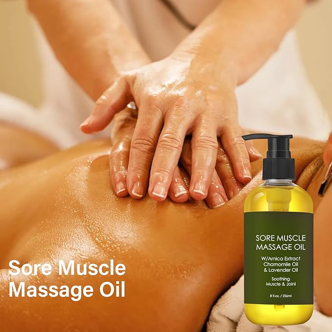 Sore Muscle Massage Oil for Women,Massage Therapy Oil for Soreness & Stiffness,Natural Oils with Lavender & Chamomile Essential Oils for All Skin Types（8oz）