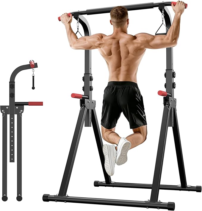 Power Tower Pull Up Bar Free standing with Resistance Bands, 350LBS Heavy Duty Alloy Steel Dip Station for Home Gym Strength Training, Adjustable Height Workout Equipment