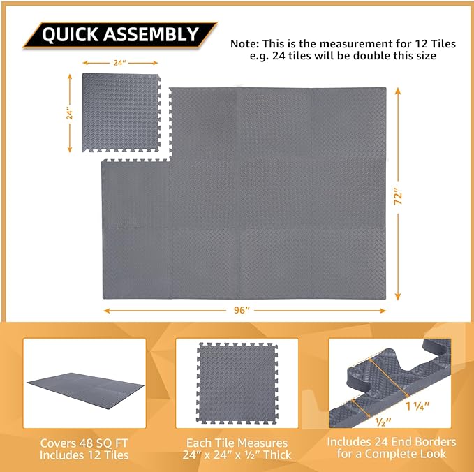 24 Pack, 96 SQFT - 24" x 24" - 1/2" Extra Thick Floor Exercise Mat for Home Gym or Floor Padding - High-Density EVA Interlocking Foam Floor Tiles for Gym Equipment, Play Area | Yoga, Cardio, Weights