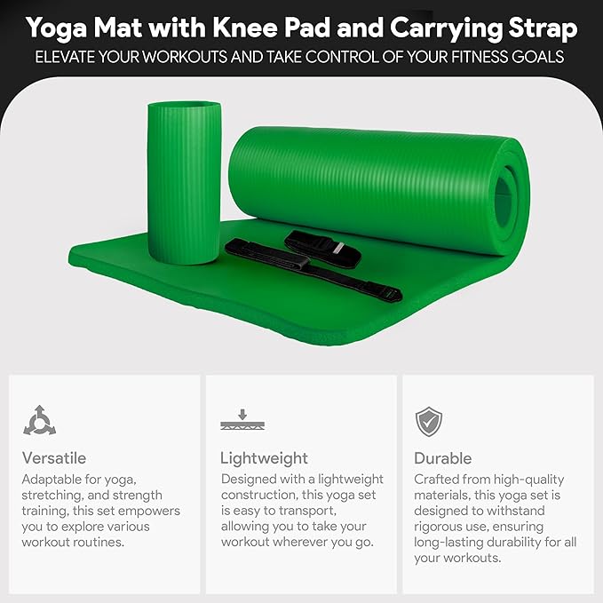 BalanceFrom 71x24 Inches Yoga Mat with Knee Pad and Optional Blocks – Extra 1-Inch Thick Non-Slip Foam with Anti-Tear Surface and Carrying Strap for Home, Studio, or Gym Workouts