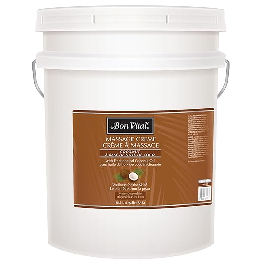 Bon Vital' Coconut Massage Creme Made with 100% Pure Fractionated Coconut Oil, Massage Cream & Moisturizer to Repair Dry Skin, No Greasy Feel, Anti-Aging Cream for Professional Massage, 5 Gallon Pail