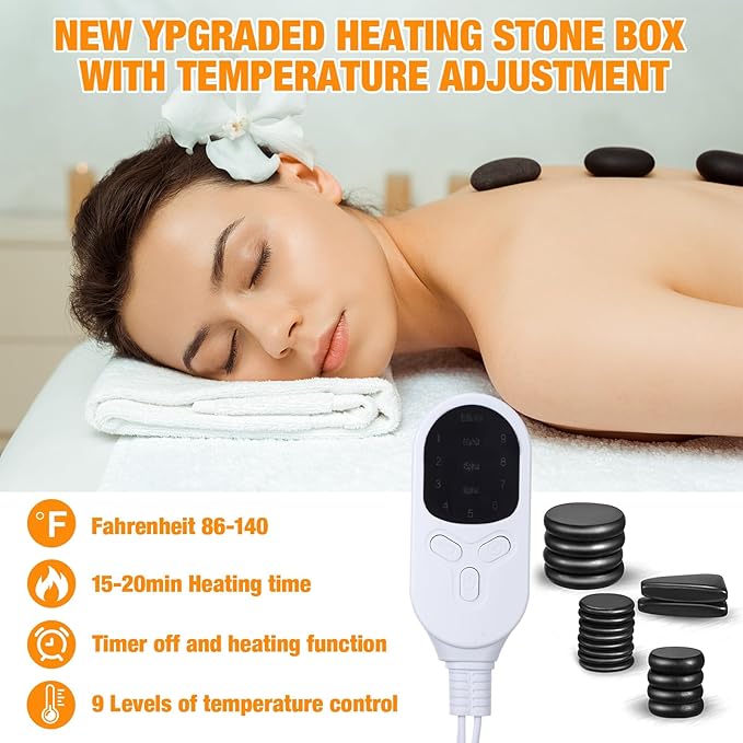 Hot Stones Massage Set 18 Pieces Basalt Hot Rocks Massage Rocks Kit Black Smooth Stones for Professional Home Spa Warming Relaxing Pain Relief, Constant 50°c (122°f)(Adjustable Temperature)