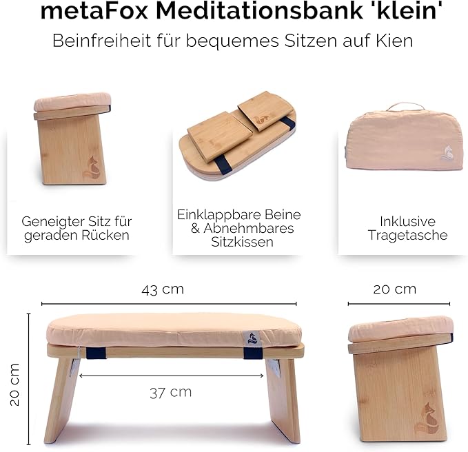 metaFox Meditation Bench | Foldable Bamboo Stool with Cushion and Carry Bag | for Your Mindfulness and Meditation Practice | Alternative to Meditation Cushion (Peach, Small)