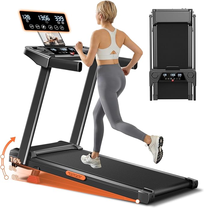 Treadmills for Home with 16% Incline & Handle Bar, 3.0HP Quiet Foldable Treadmill with Led Screen Up to 300lbs Capacity, 7-Layer Shock-Absorbing Walking Pad Treadmill 0.6-7.0MPH
