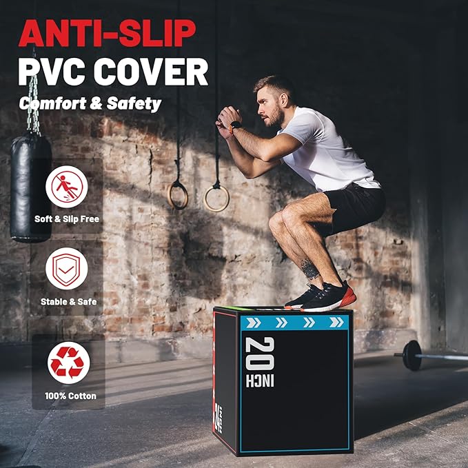 papababe 3-in-1 Plyometric Jump Box Workout Equipment, Box Jumps for Home Gym, Trainer with Anti Slip Surface and High Density Foam, Box Height: 20", 24", 30"