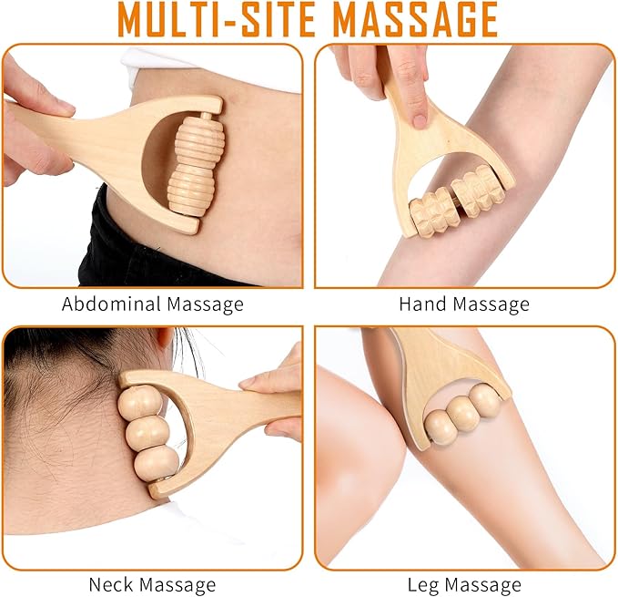 4Pcs Wood Therapy Massage Tools, Portable Manual Wooden Massage Roller Stick, Muscle Roller Stick for Body Sculpting Wood Roller Masssager for Relax Thigh, Leg, Belly Fat, Full Body, Muscle,Cellulite