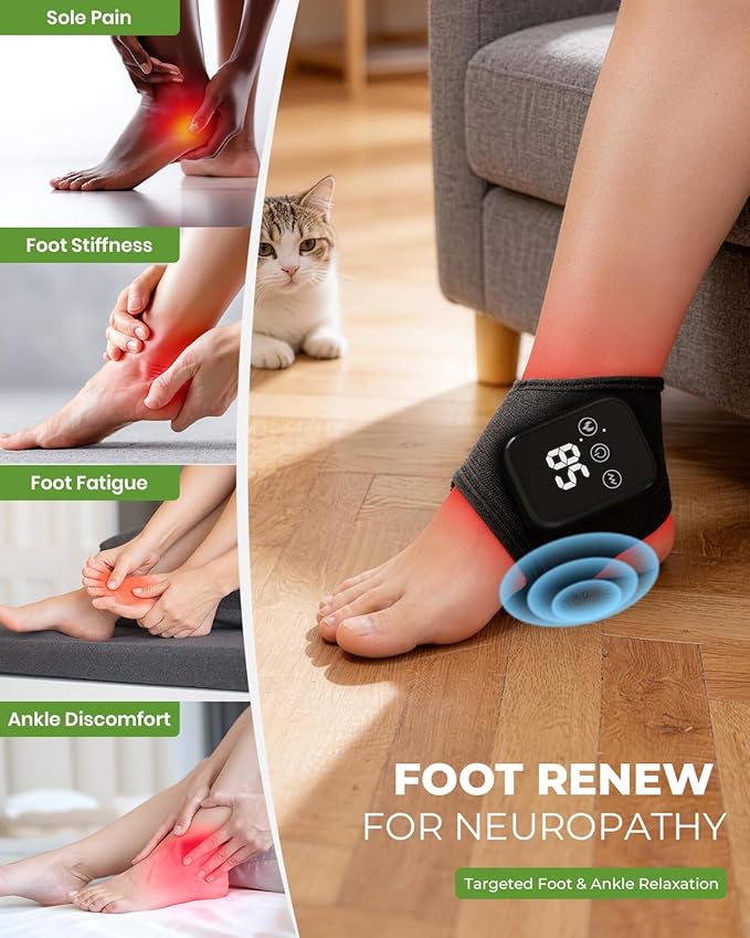 Foot Renew Triple Method Massager, 3 in 1 Cordless & Portable Foot and Ankle Massager with 3 Vibration Modes & 3 Heat Levels, for Heel, Arch, and Ankle Comfort & Relief for Home/Office/Travel (1PC)