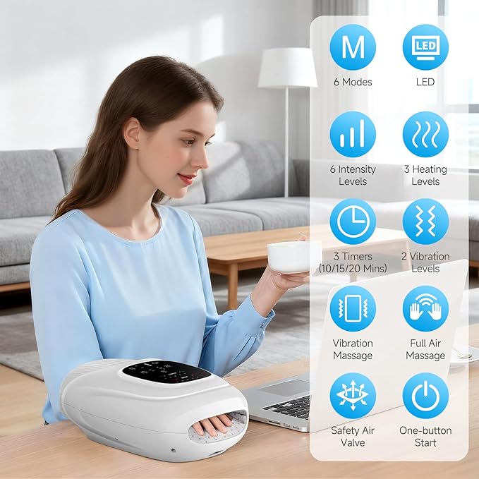 Hand Massager with Heat and Compression, Hand Massage with 2 Vibration 6 Modes 6 Intensities, Electric Hand Massager for Arthritis and Carpal Tunnel Relief, Mother's Day Gifts for Women Men, White