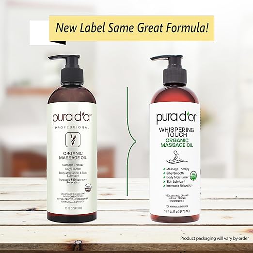 PURA D'OR 16 Oz Organic Massage Therapy Oil USDA Certified Body Moisturizer & Skin Lubricant for Aromatherapy & Relaxation, Silky & Softer Skin (Packaging May Vary)