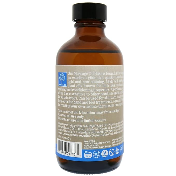 Plantlife Massage Oil Base Carrier Oil - Cold Pressed, Non-GMO, and Gluten Free Carrier Oils - for Skin, Hair, and Personal Care - 4 oz