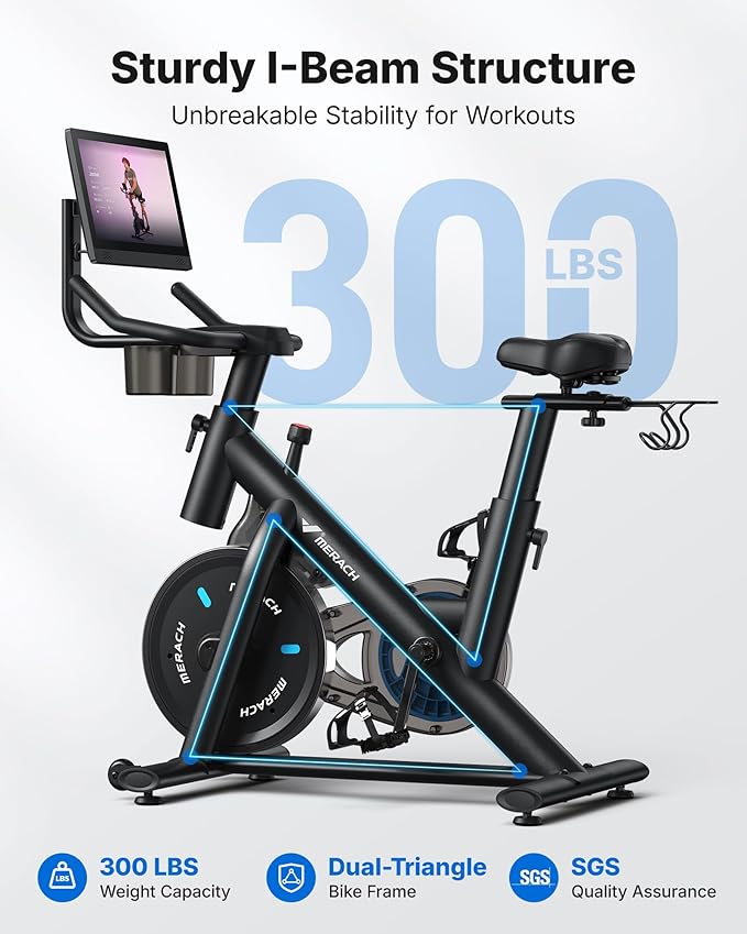 Merach Exercise Bike, Magnetic Stationary Bike with 15.6"HD Screen, Low Noise Indoor Cycling Bike with 300lbs Weight Capacity, Comfortable Bike Seat, Tablet Mount and Fitness Courses for Weight Loss