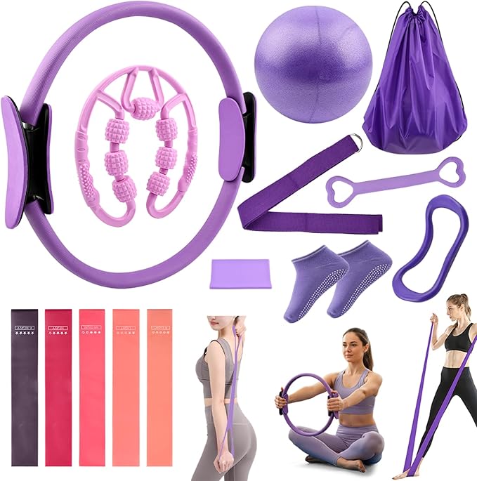 Pilates Essentials Kit for Women, 14 Pcs Pilates Equipment for Home Workouts with Yoga Circle Ball Ring, 5 Resistance Bands,Pedal Puller Resistance Band