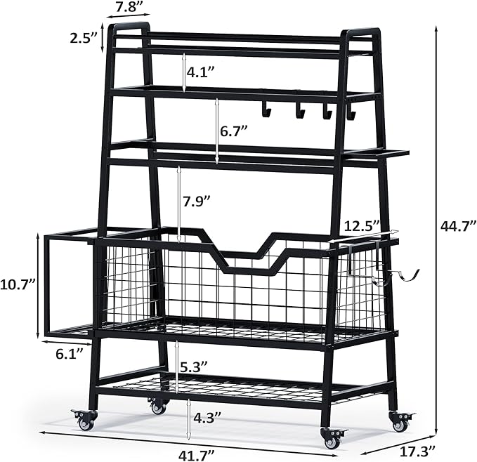Dual-Sided Dumbbell Rack with Hooks & Wheels, Adjustable Home Gym Storage Rack for Dumbbells, Kettlebells, Balls, Yoga Mats, Ab Roller, Weight Rack Organizer for Workout Equipment