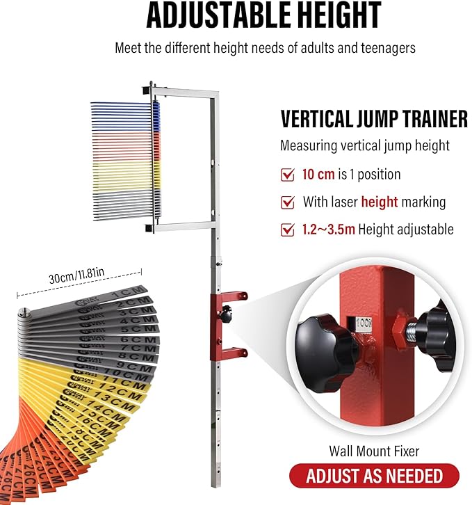 Vertical Jump Tester | Vertical Jump Measurement Tool | 3.9-11.5Ft Adjustable Vertical Jump Trainer | Wall Mounted Jump Height Measurement Pole | Basketball Volleyball Jump Training Equipment